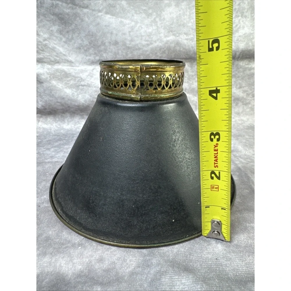 Vintage Black Metal Tole Lampshade Brass Filigree top 7.25